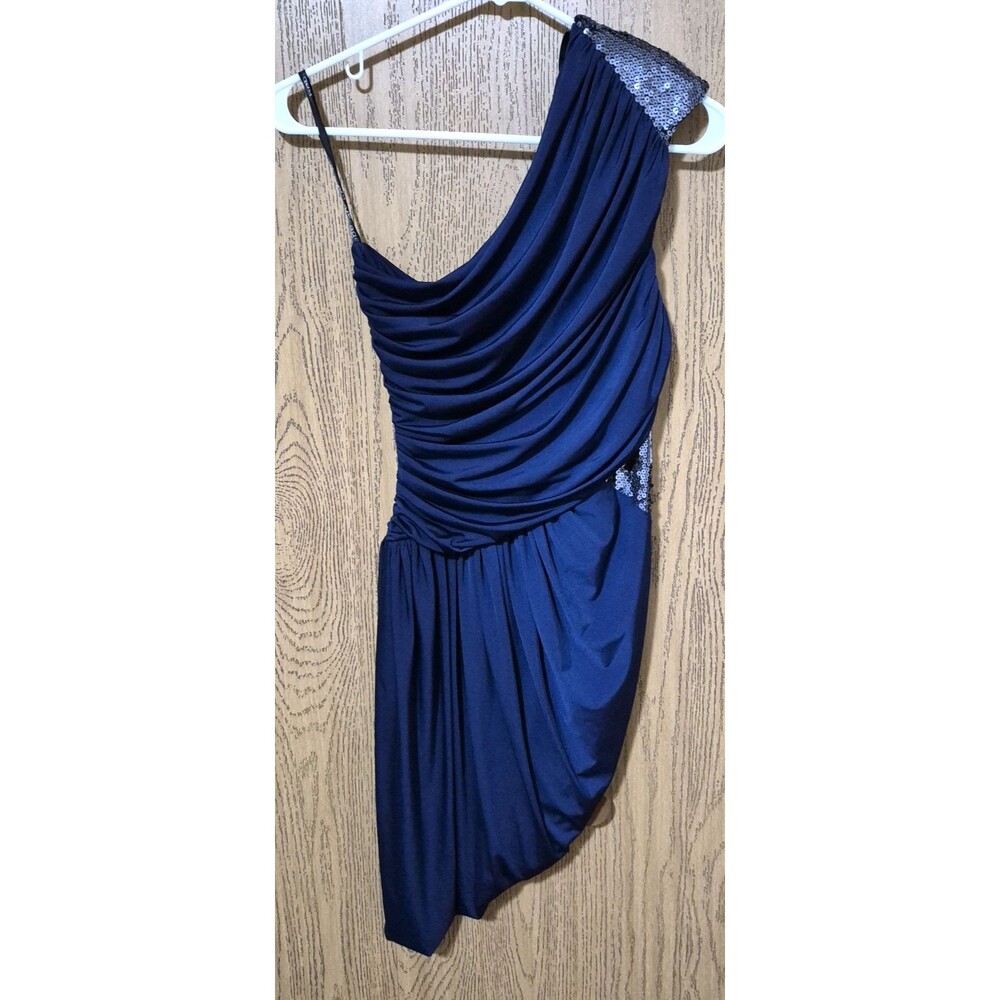 Bebe Addiction Women's One Shoulder Navy Blue Evening Dress Silver Sequins Sz S